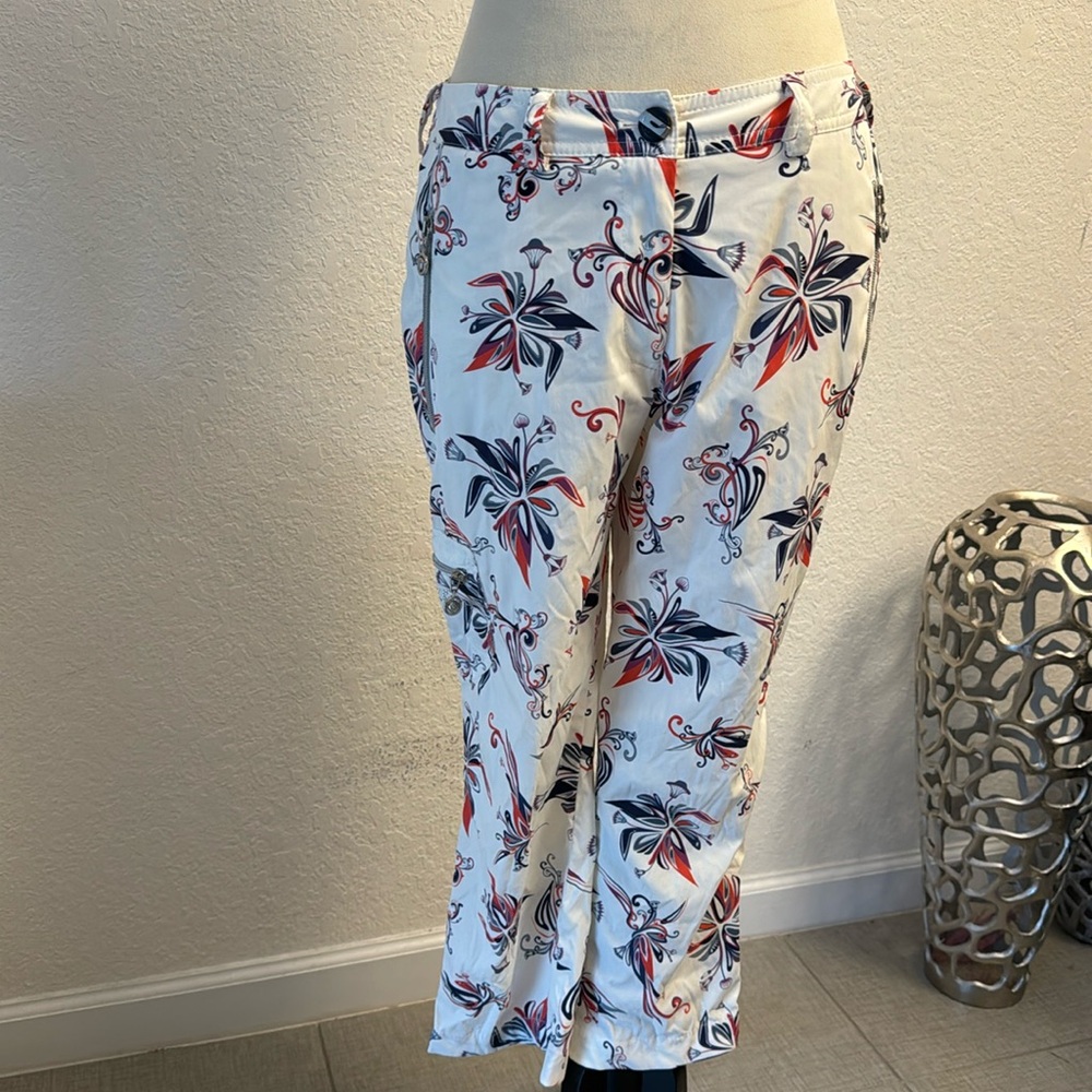 White Ankle Floral Pants with Red and Navy Accents